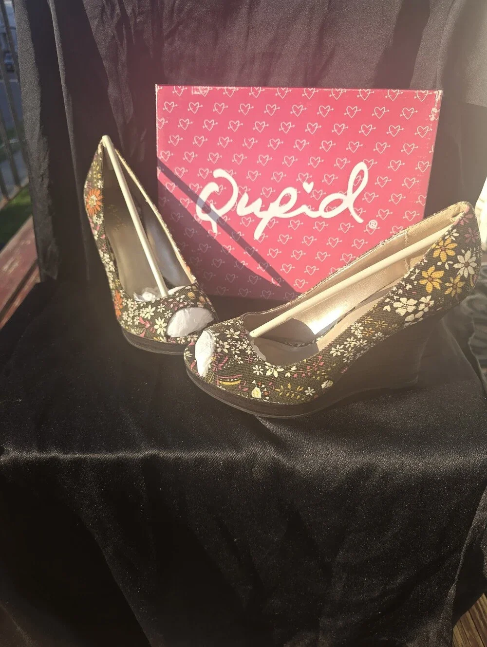 Qupid Olive Green Floral Peep-Toe Wedges